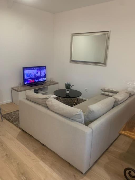 salon z białą kanapą i telewizorem w obiekcie Maison des Larris - proche Aéroport - navette Gare w Beauvais