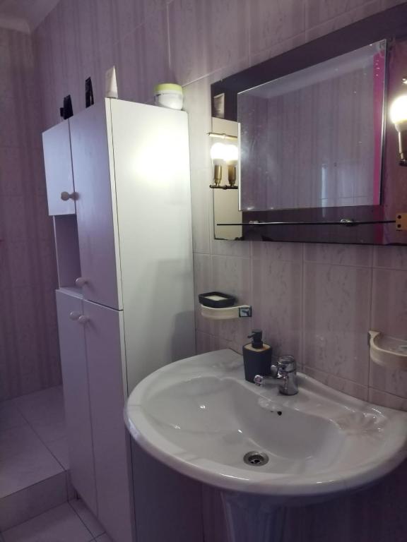 La salle de bains est pourvue d'un lavabo blanc et d'un miroir. dans l'établissement Quinta dos Linquetes, à Ourém