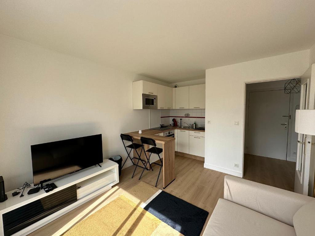 a living room with a television and a kitchen at Appartement Caen in Caen