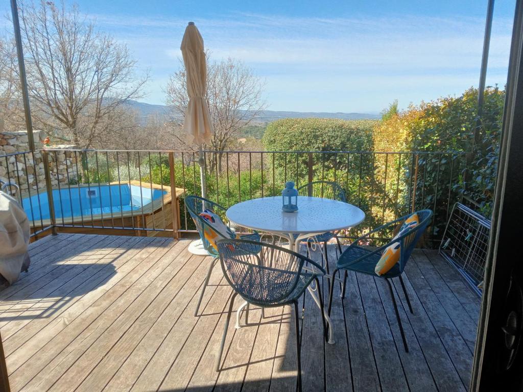 um pátio com uma mesa e cadeiras e uma piscina em les cerisiers de stella em Blauvac