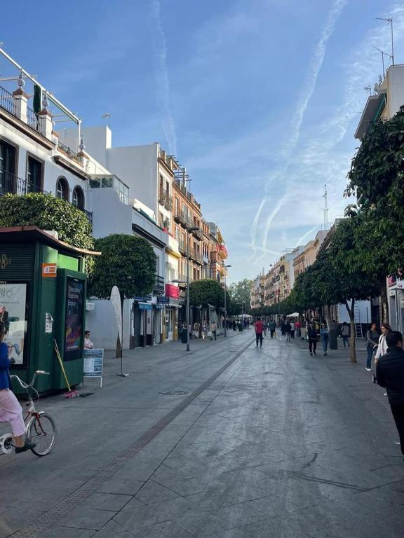 a city street with people walking down a street at 180 Home. Rincón de Triana in Seville