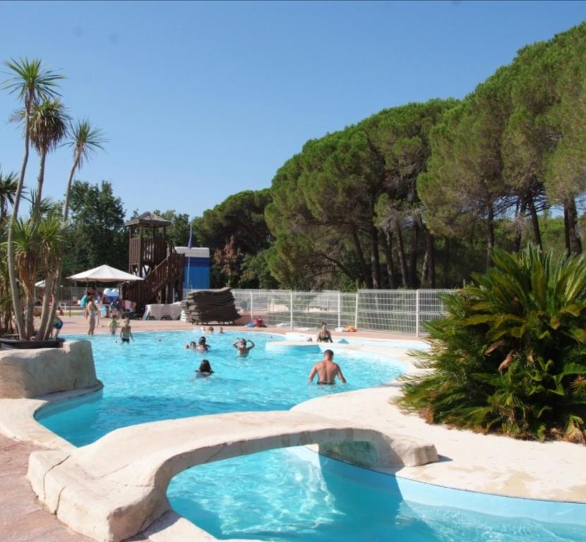 a group of people swimming in a swimming pool at Camping Oasis village in Puget-sur-Argens