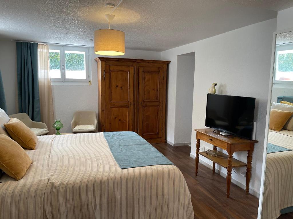 Schlafzimmer mit einem Bett und einem Flachbild-TV in der Unterkunft Sweet Home in Murten