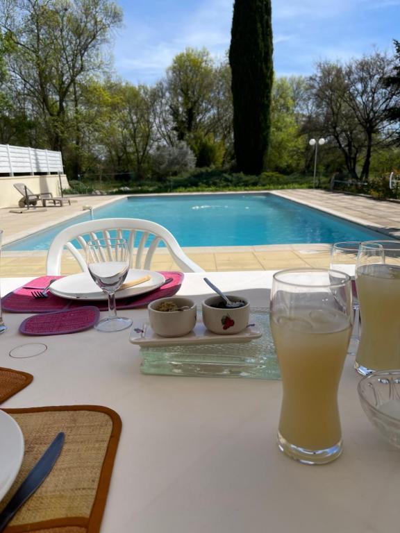 a table with glasses of drinks on a table near a pool at MAS D’OLIVE ET KALOU in Sauve