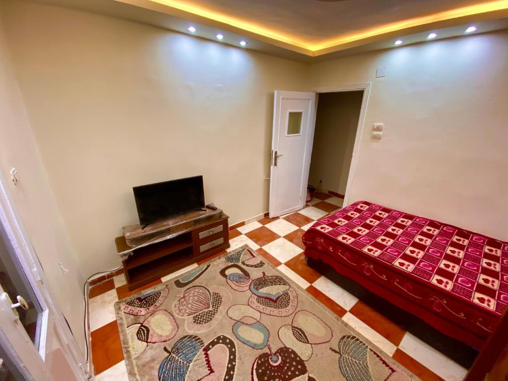 Zimmer mit einem Bett und einem TV. in der Unterkunft The Home in Al-Fayyūm
