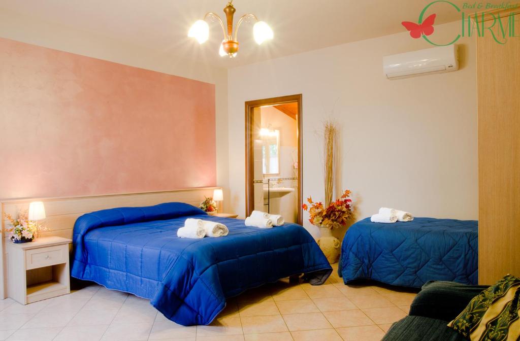 una camera d'albergo con due letti e uno specchio di B&B Charme a Sora