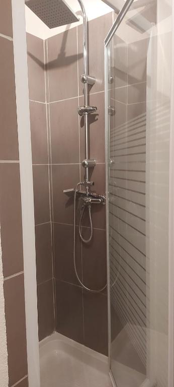 La salle de bains est pourvue d'une douche avec une porte en verre. dans l'établissement Domaine de l'Esquibat, à Fumel