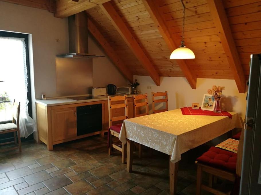 a kitchen with a table and a table and chairs at Ferien auf dem Land in Horka