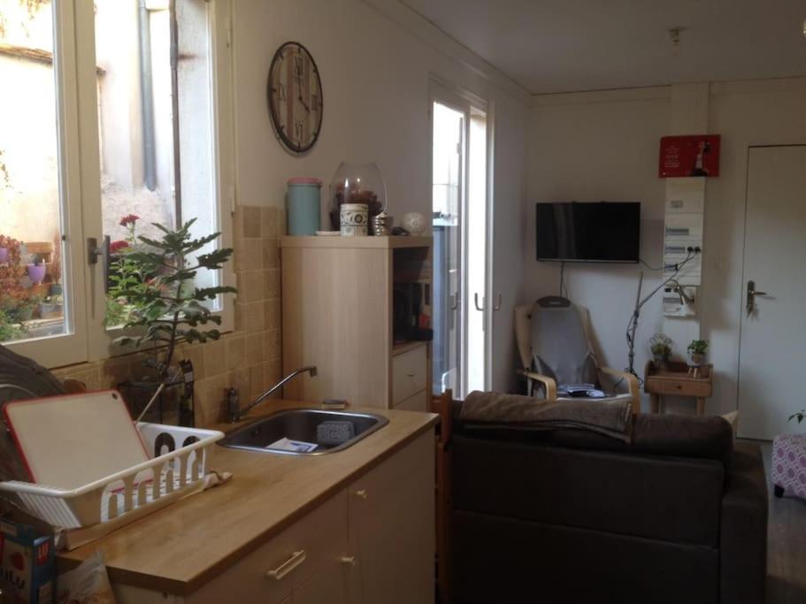 uma sala de estar com um sofá e uma cozinha com um lavatório em F2 en centre-ville Chevreuse em Chevreuse