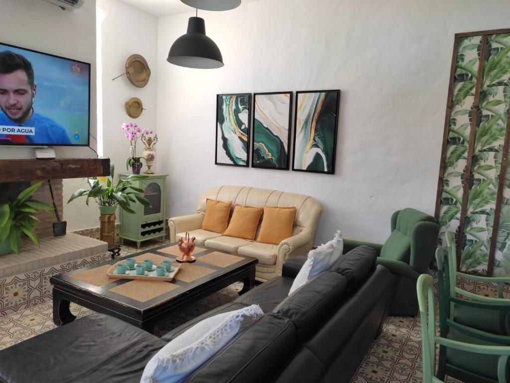 - un salon avec un canapé et une télévision dans l'établissement Vivienda Rural Sierra de Cádiz, Cabeza del Rey, à Prado del Rey