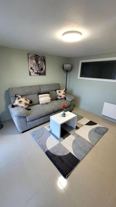 a living room with a couch and a table at Appart 2 chambres avec extérieur in Cherbourg en Cotentin