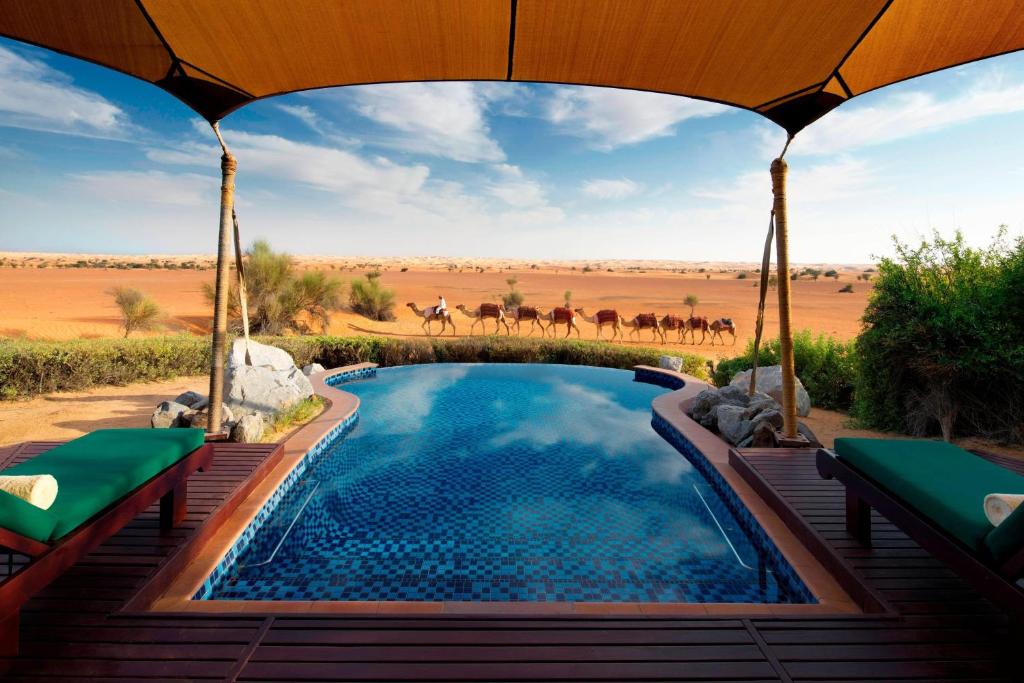 - une piscine avec vue sur le désert et un troupeau de chevaux dans l'établissement Al Maha, a Luxury Collection Desert Resort & Spa, Dubai, à Murqab