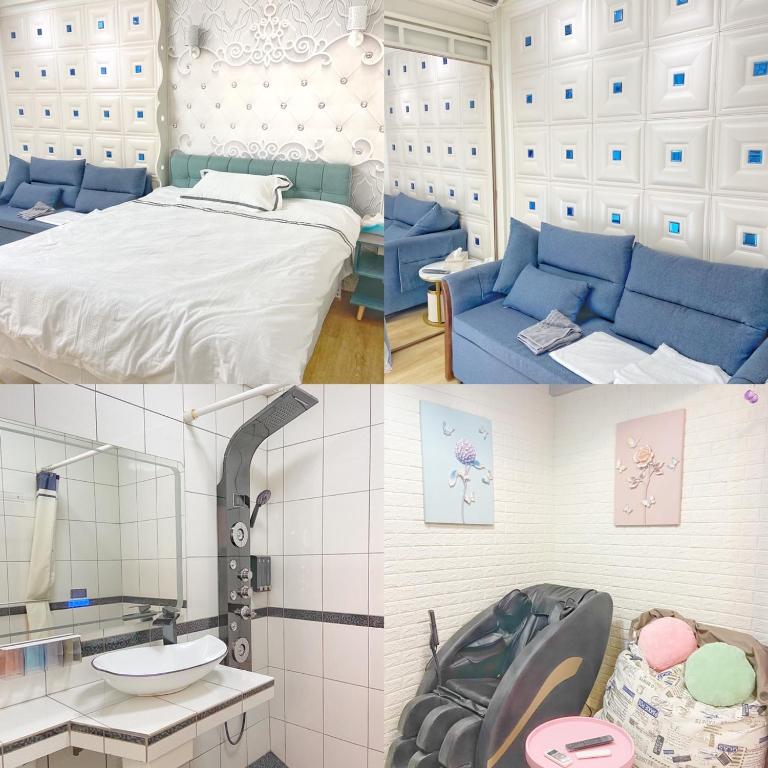 Postel nebo postele na pokoji v ubytování 【遇見婚紗秘境】夜市4人包館、百萬影院KTV、Xbox、按摩浴缸/椅、真空管、好友同樂會