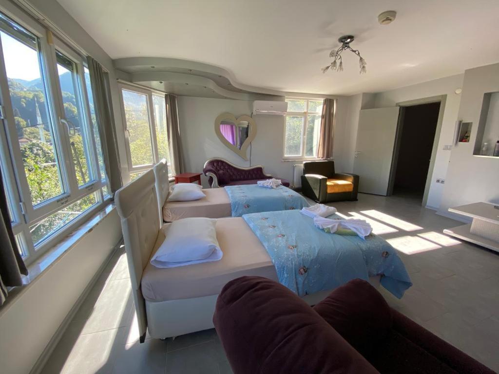 um quarto com 2 camas e uma sala de estar com janelas em Cosy Park Apartment em Trebizonda
