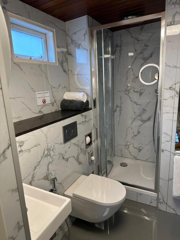 a bathroom with a sink and a toilet and a shower at Boat no Breakfast in Amsterdam