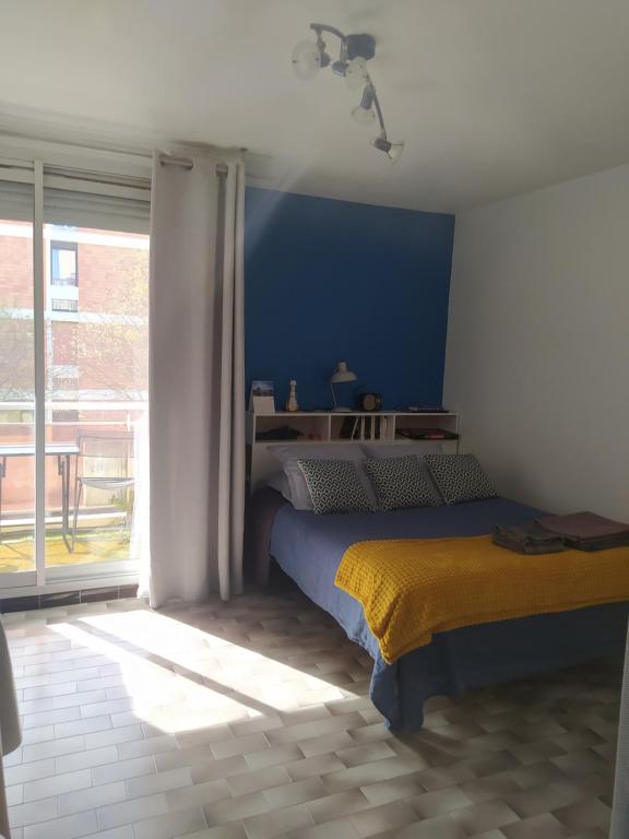 1 dormitorio con cama y ventana grande en Jolie studio 2 étoiles proche de l'étang de thau, en Balaruc-les-Bains