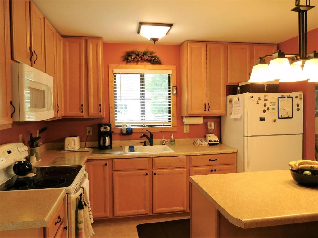 a kitchen with wooden cabinets and a white refrigerator at Shawandasee in Moran
