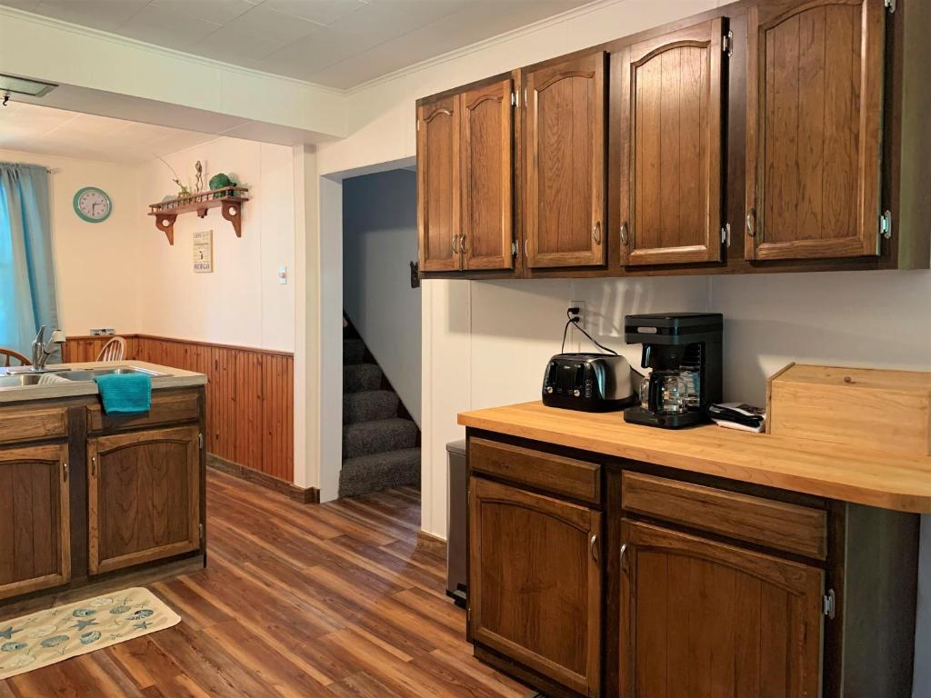 uma cozinha com armários de madeira e uma bancada em The Blue Bliss em Saint Ignace