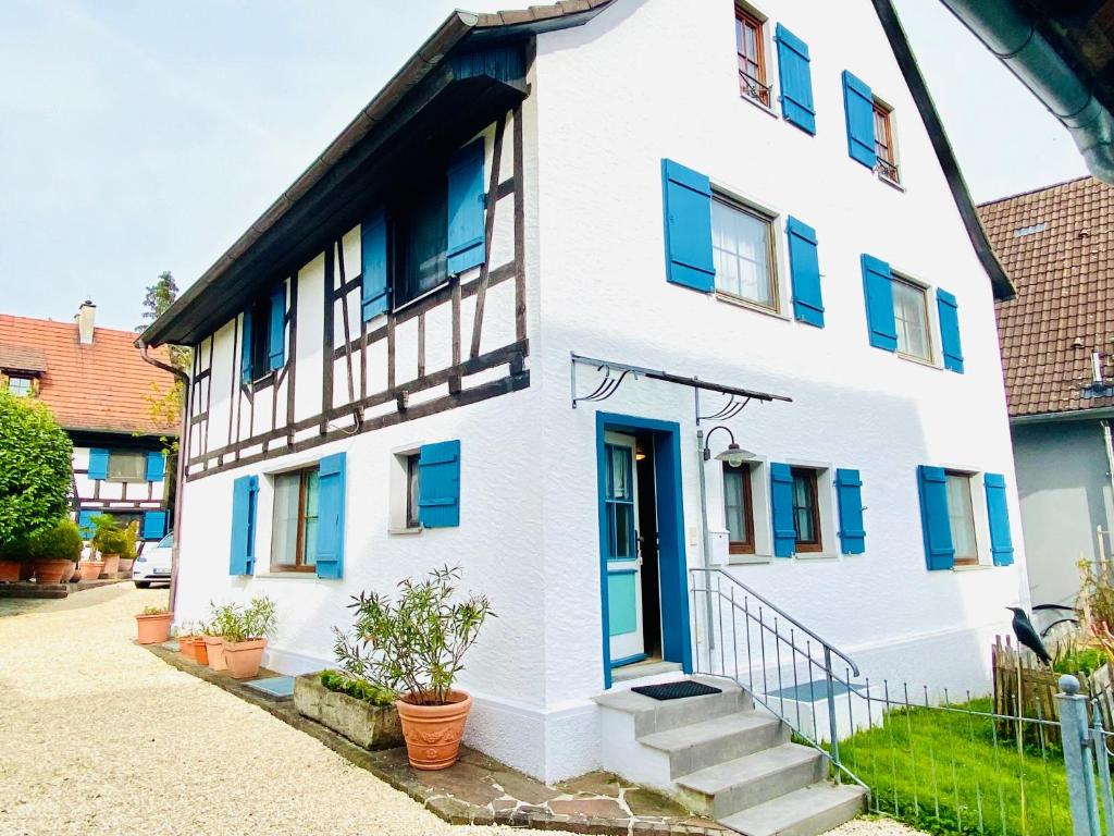 ein weißes Haus mit blauen Fenstern und Treppen in der Unterkunft Barbarahof Ferienwohnung Vita Erdgeschoss in Markdorf