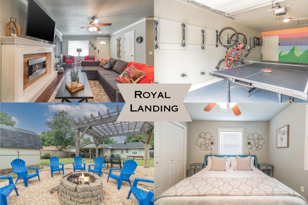 een collage van foto's van een woonkamer en een huis bij ROYAL LANDING 3BD MTB Friendly in Bentonville