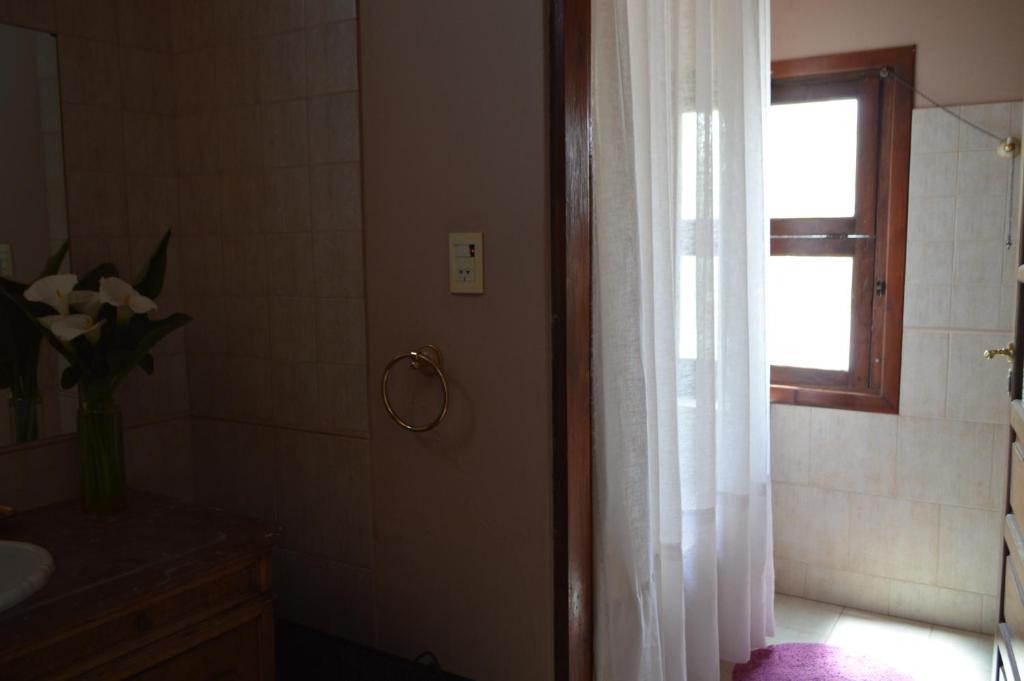 a bathroom with a shower and a sink and a window at Estancia Urbana Hotel Boutique in Río Cuarto