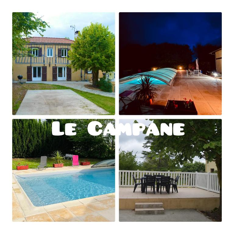 un collage de photos d'une maison et d'une piscine dans l'établissement Gîte Le Campane - Piscine partagée Borne recharge véhicule 22kwh, à Laujuzan