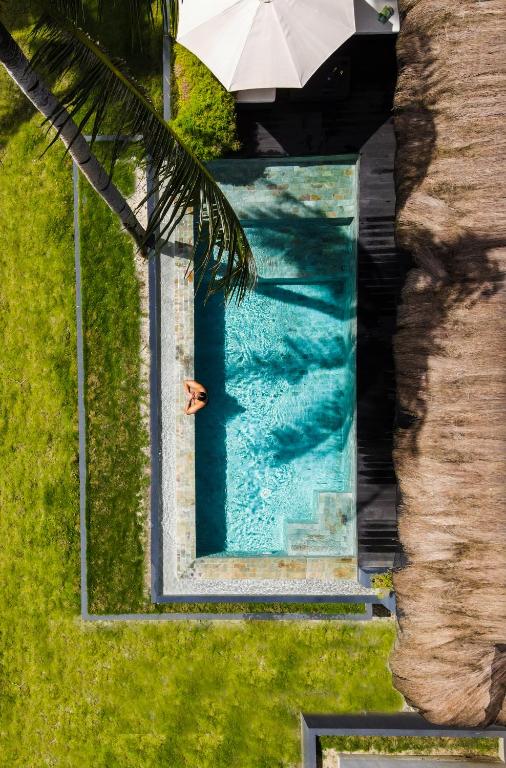 an overhead view of a person in a pool with an umbrella at Ricehaven Luxury Villas with Starlink WIFI in General Luna