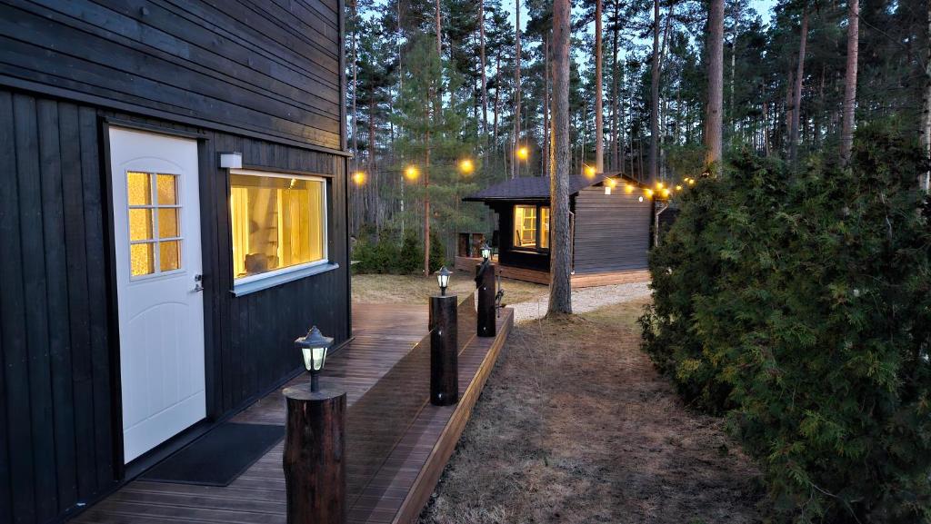 Casa negra con puerta blanca y terraza de madera en Reiu Holiday Home en Reiu
