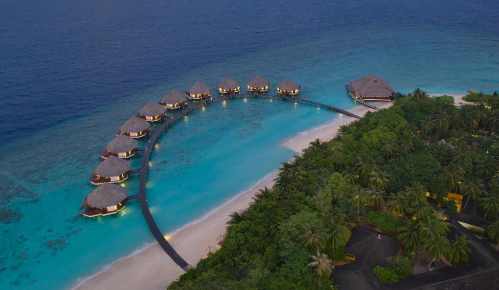 an aerial view of a resort in the ocean at Adaaran Select Meedhupparu - with 24hrs Premium All Inclusive in Meedhoo