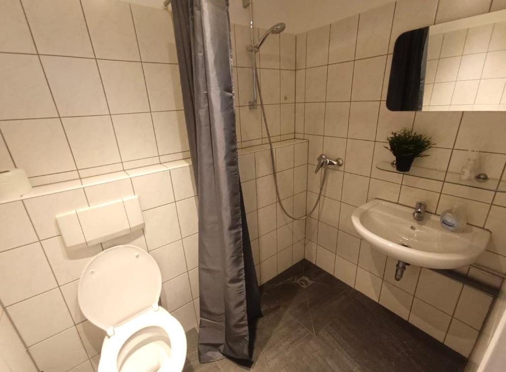 y baño con aseo y lavamanos. en Stylish Apartment with WIFI, Near University& Augsburg Messe, en Augsburg