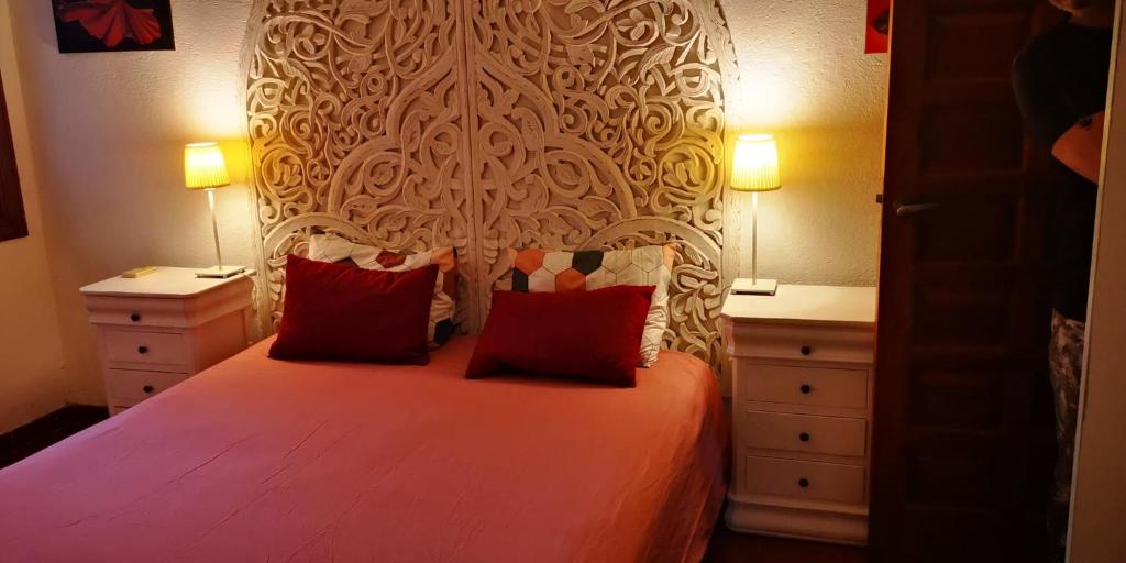een slaapkamer met een groot bed met rode kussens bij Casa Ana Maria in Guaro