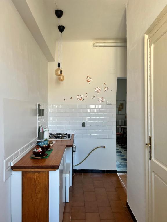cocina con paredes blancas y encimera en Caratteristico Bilocale Storico ad Acqui Terme, en Acqui Terme