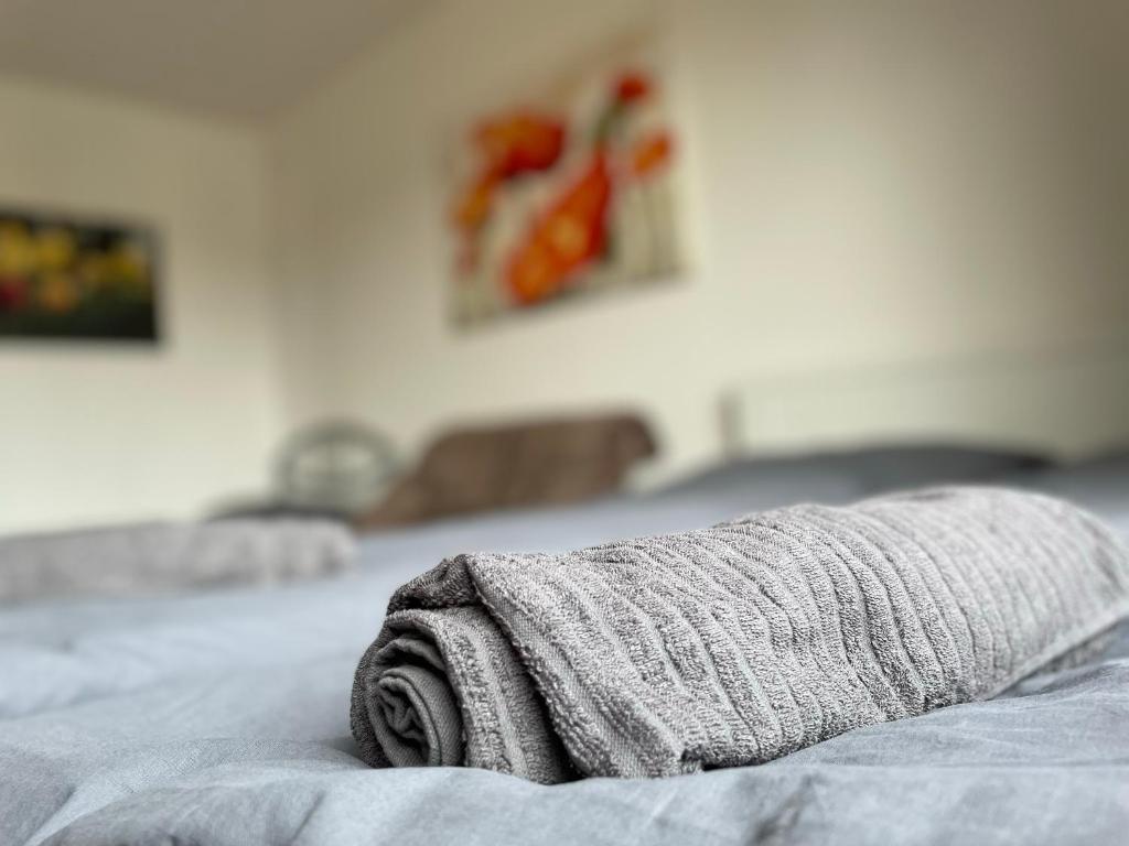 - une serviette assise au-dessus du lit dans l'établissement Schöne zentrale Zimmer in Wilhelmshaven, à Wilhelmshaven