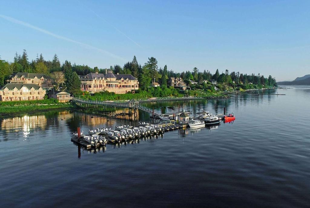 een groep boten aangemeerd in een dok op een rivier bij Painter's Lodge, Trademark Collection by Wyndham in Campbell River