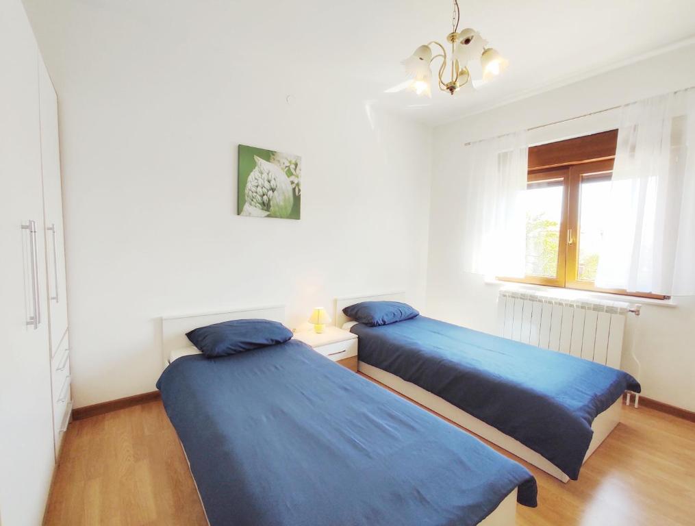 2 camas en una habitación blanca con sábanas azules en Apartment Ivy, en Ližnjan