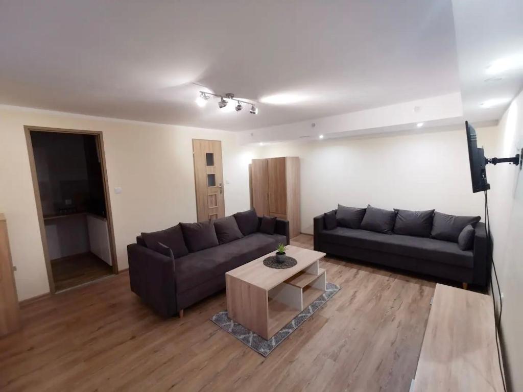 un soggiorno con un divano e un tavolino da caffè di Apartament położony u podnóża Gór Bardzkich a Bardo