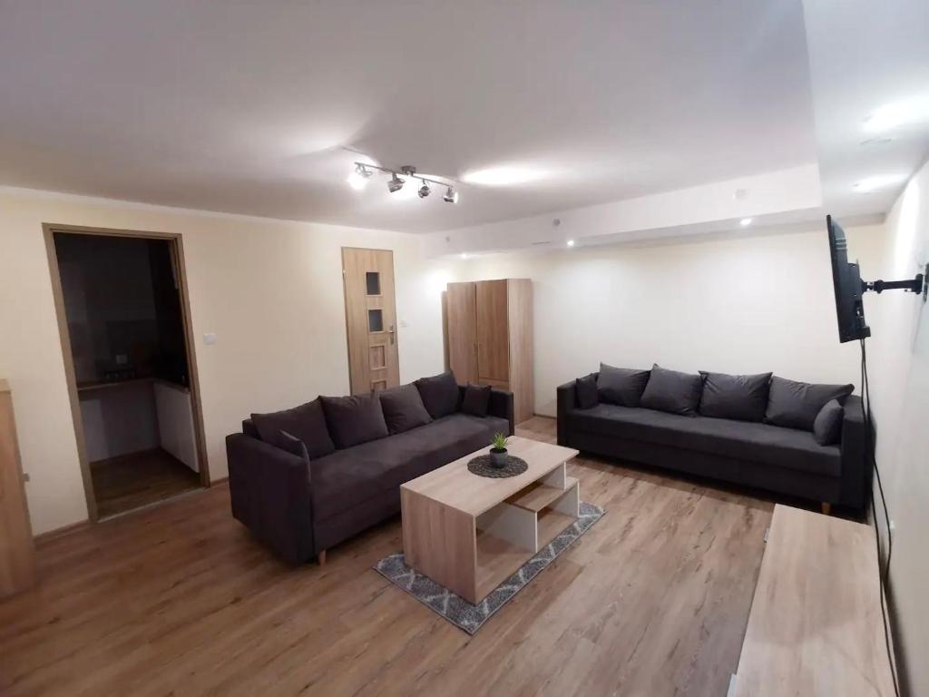a living room with a couch and a coffee table at Apartament położony u podnóża Gór Bardzkich in Bardo