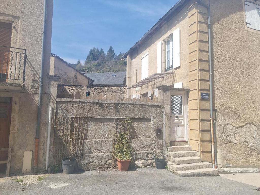um edifício de tijolos com uma porta e um vaso de plantas em Maison la vague em Meyrueis
