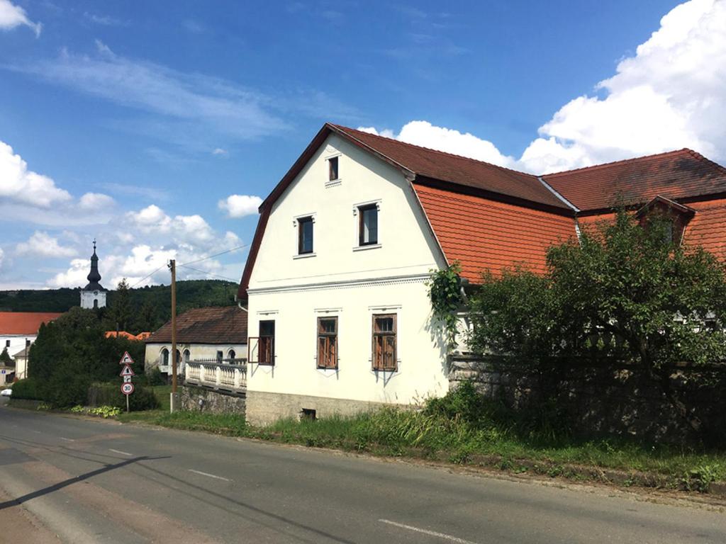 a white house sitting on the side of a street at Visnyó Vendégház in Nagyvisnyó