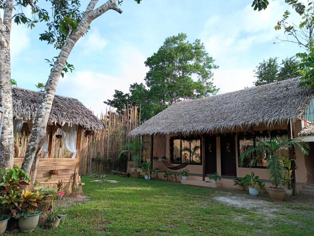 a house with a thatched roof and a yard at Onur Inn in El Nido