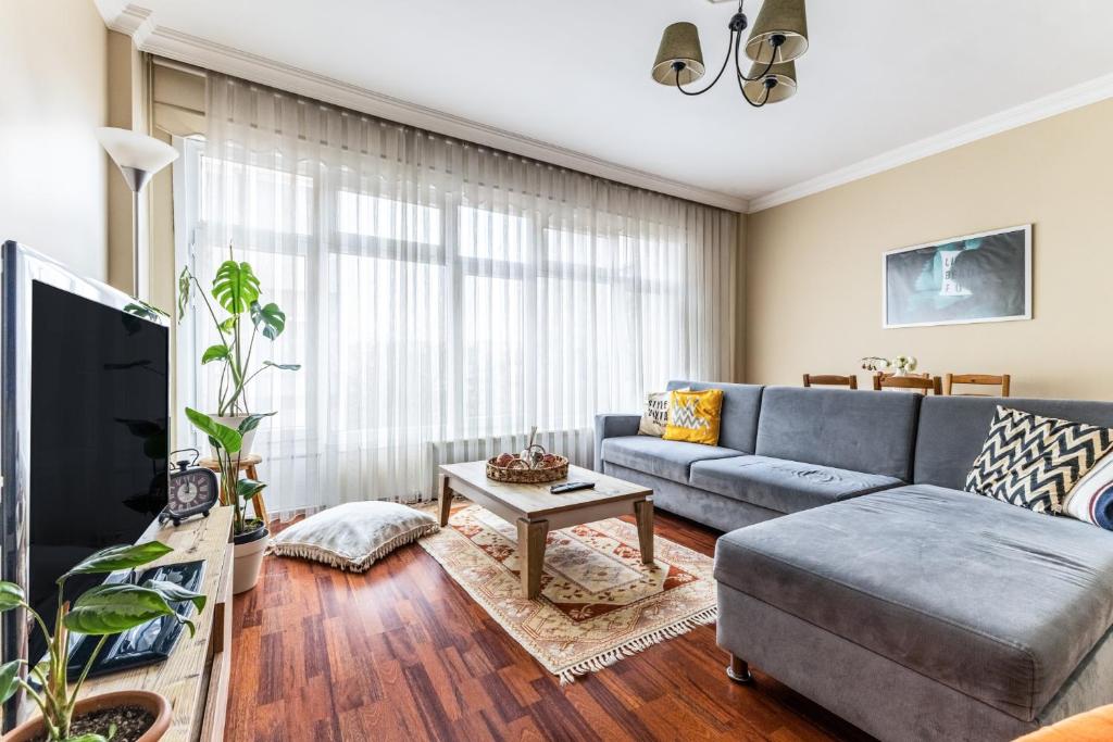 a living room with a couch and a tv at Modern Flat with Balcony in Uskudar in Istanbul