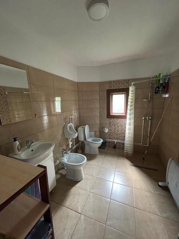 une salle de bain avec deux toilettes et un lavabo dans l'établissement Gyimesi kulcsosház / Casa de vacanta Ghimes, à Lunca de Sus