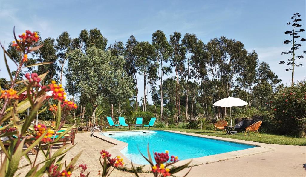 a swimming pool with blue lounge chairs and an umbrella at Monte da Choça in São Teotónio