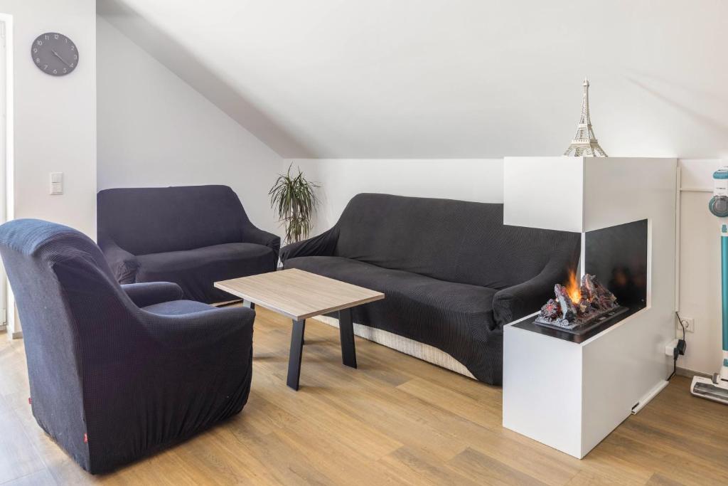 ein Wohnzimmer mit einem Sofa und einem Kamin in der Unterkunft Zeichner in Geisingen