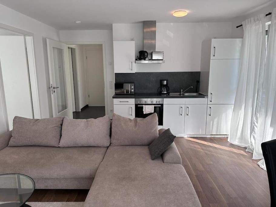 美茵河畔哈瑙的住宿－Exklusives Apartment für 5 Personen in der Nähe von Frankfurt，带沙发的客厅和厨房