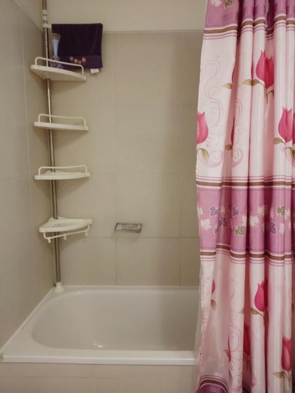 a bathroom with a tub and a shower curtain at Arriendo Departamento a Turistas en Santiago in Santiago