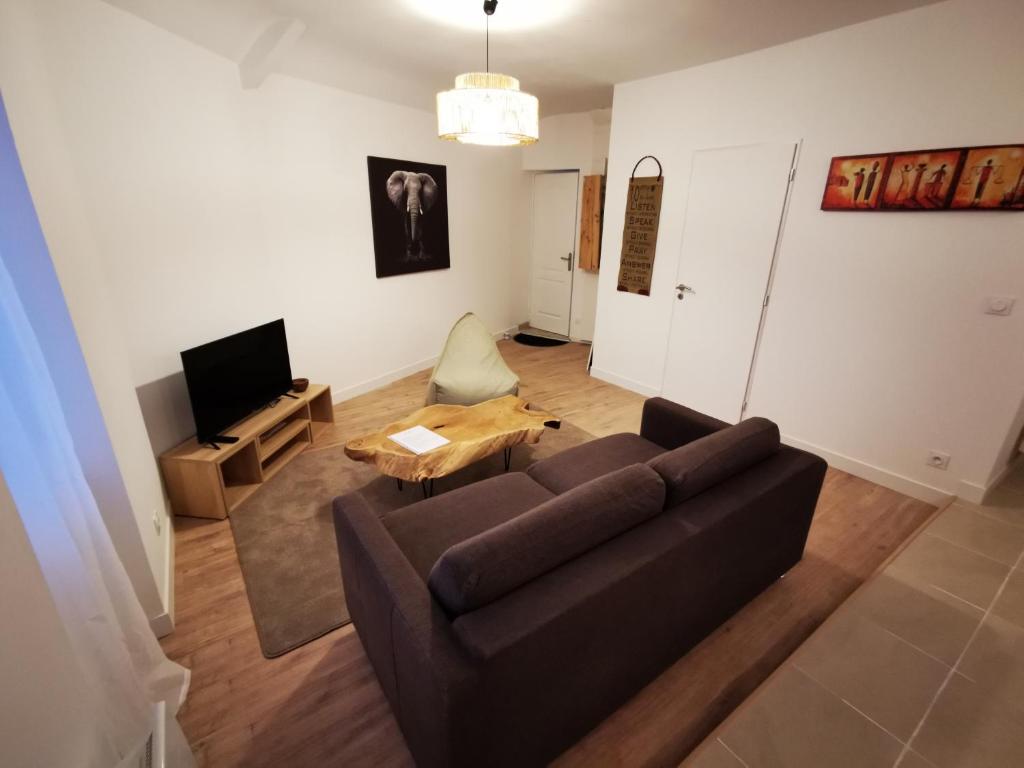 - un salon avec un canapé et une télévision dans l'établissement Le Nica, à Trélazé