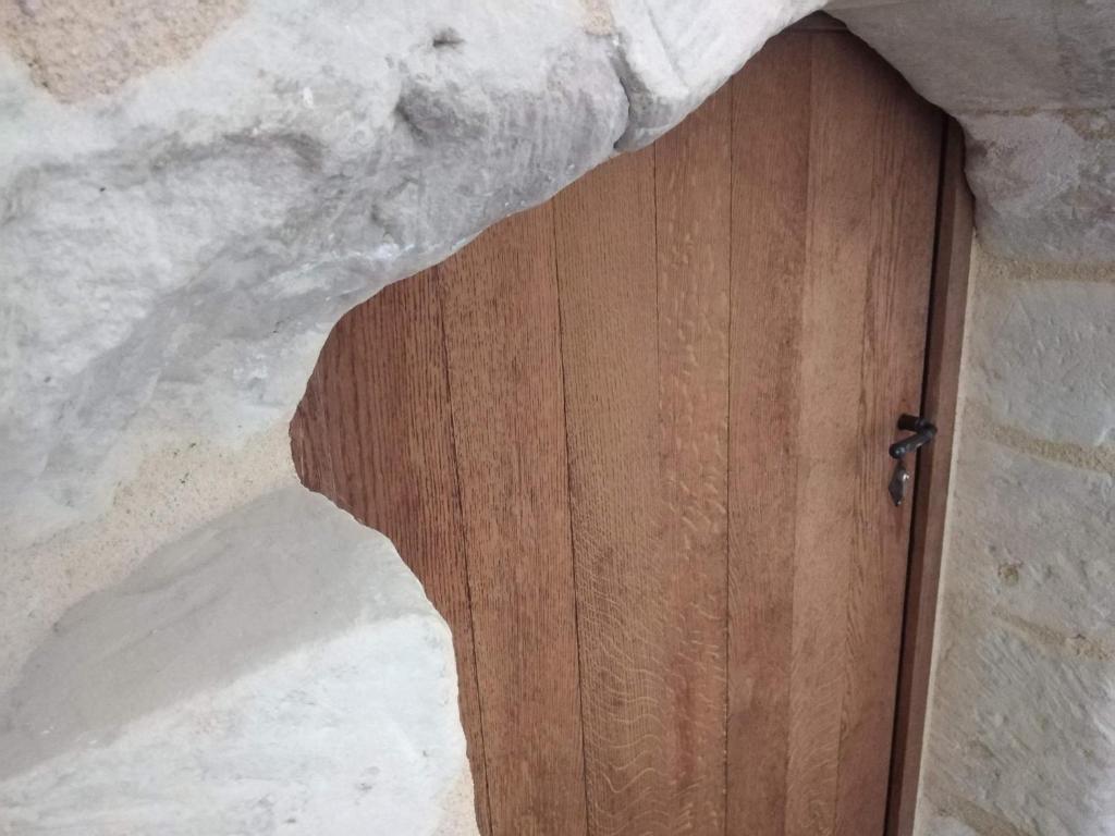 drewniane drzwi w pokoju z kamienną ścianą w obiekcie Gîte Brilhac w mieście Monts-sur-Guesnes