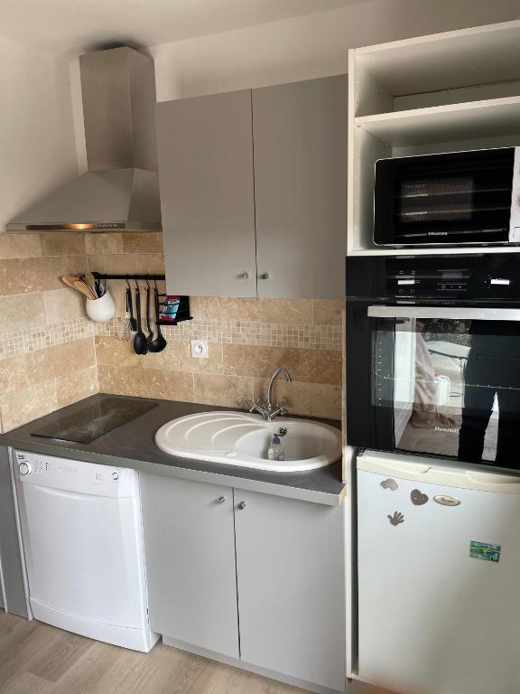 a kitchen with a sink and a microwave at Gîte des Restanques in Grasse