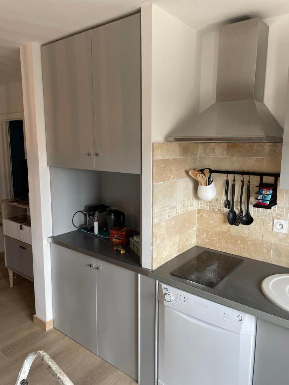 a kitchen with white cabinets and a sink at Gîte des Restanques in Grasse
